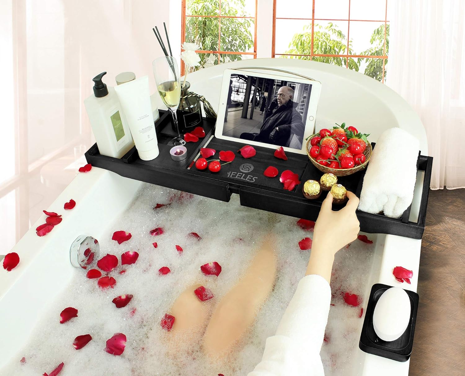 IFELES Luxury Bathtub Caddy Tray, One or Two Person Bath and Bed Tray, Bonus Free Soap Holder (Black Bamboo Color…: Kitchen & Dining