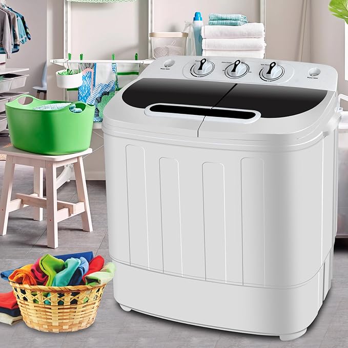 SUPER DEAL Portable Compact Mini Twin Tub Washing Machine w/Wash and Spin Cycle, Built-in Gravity Drain, 13lbs Capacity For Camping, Apartments, Dorms, College Rooms, RV's, Delicates and more best portable washer
