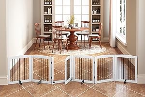 PUPETPO Freestanding Pet Gates with Walk Through Door, Dog Indoor Fence, Dog Gate for The House, Stairs, Extra Wide Dog Gate, Support Feet Included, 120 inch Wide, 6 Panels 24" Tall, White & Black