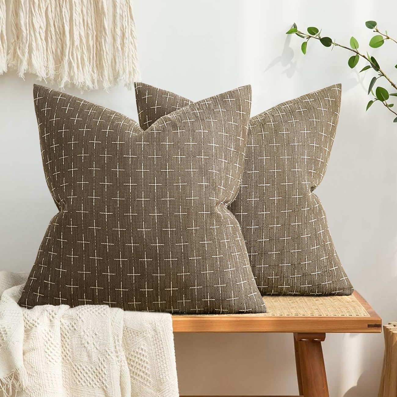 Photo 1 of MIULEE Pack of 2 Decorative Burlap Linen Throw Pillow Covers Farmhouse Pillowcases Modern Rustic Woven Textured Cushion Cover for Sofa Couch Bed 20x20 Inch Taupe