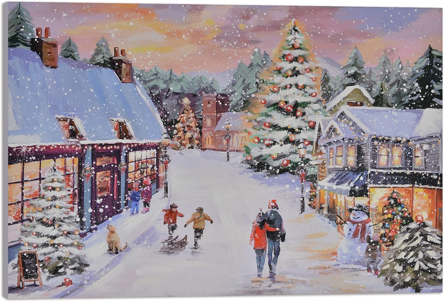 Paintings - TRAIN2 ART Texture Christmas Canvas Wall Art, Hand-painted Winter's Eve Art Oil Painting On Canvas, Colorful Snow Scene for Holiday Living Room Bedroom Decor 32