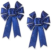Threetols 2pcs Christmas Wreath Bows, Vintage Blue Velvet Bows for Wreath Xmas Decor Bows for Front Door, Navy Glitter Tree Bows for Winter Xmas Party Home Indoor Outdoor Decor