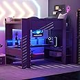 RuiSiSi Full Size Gaming Loft Bed with Desk, LED and USB Charging Station, Wood Loft Bed Frame with Storage Drawer Shelves Cabinet, Full Size Loft Bed with Bookshelf for Kids Teens Adults, Dark Gray