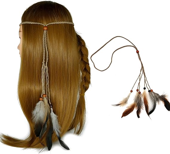 Amazon Omonicベージュレザーロープ織りボヘミアンネイティブbraidedヘッドピースヘアバンド頭飾りindianヒッピーフェザー ファッション小物 通販