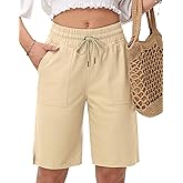 MIVEI Women's 10" Linen Bermuda Shorts High Waisted Lightweight Long Shorts for Women Comfy Summer Casual with Zipper Pocket