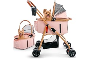 KRYPTON PRO Pet Stroller for Small Medium Dogs & Cats – 2-in-1 Detachable Carrier, Zipperless Entry, Lightweight Folding Travel Stroller with Storage Basket, Cup Holder, Pink