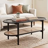 HNY Oval Wood Coffee Table with Rattan Shelf for Living Room | Mid-Century Modern Coffee Table , 2-Tier Storage Sofa Table with Raised Edge for Small Space, 39.5" L x 17" W, Black Finish