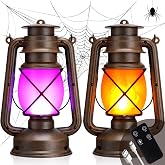VIHOSE 2 Pcs Halloween LED Lantern Rechargeable Flickering Flame Remote | Rustic Design, Purple Orange Flame, Timer Remote, Vintage Hanging Lamp for Outdoor Indoor Patio Front Yard