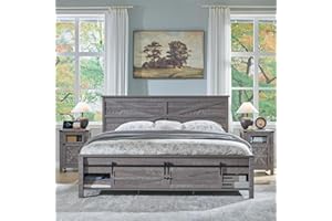 JXQTLINGMU 3 Pieces Farmhouse Bedroom Set-King Size Bed with 2 Nightstands of Sliding Barn Door Storage Cabinets, Solid Wood Slats Support, Noiseless, No Box Spring Needed,Gray