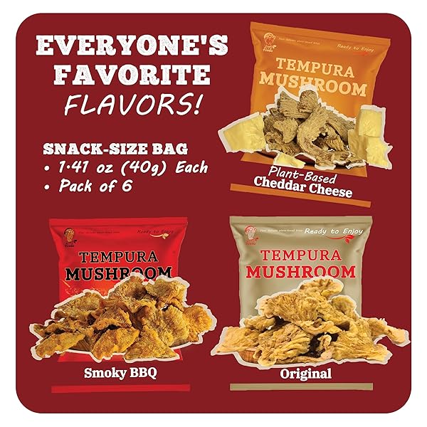 BITETUOSO TEMPURA MUSHROOM CHIPS, TEMPURA-STYLE MUSHROOM SNACK, READY-TO-EAT CRISPY OYSTER MUSHROOMS, PLANT-BASED CRISPY SNACK, ORIGINAL BBQ PLANT-BASED CHEDDAR VARIETY PACK, INDIVIDUALLY WRAPPED 1.41OZ (6 PACK)