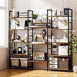 NUMENN Triple Wide 5 Tier Bookshelf, Rustic