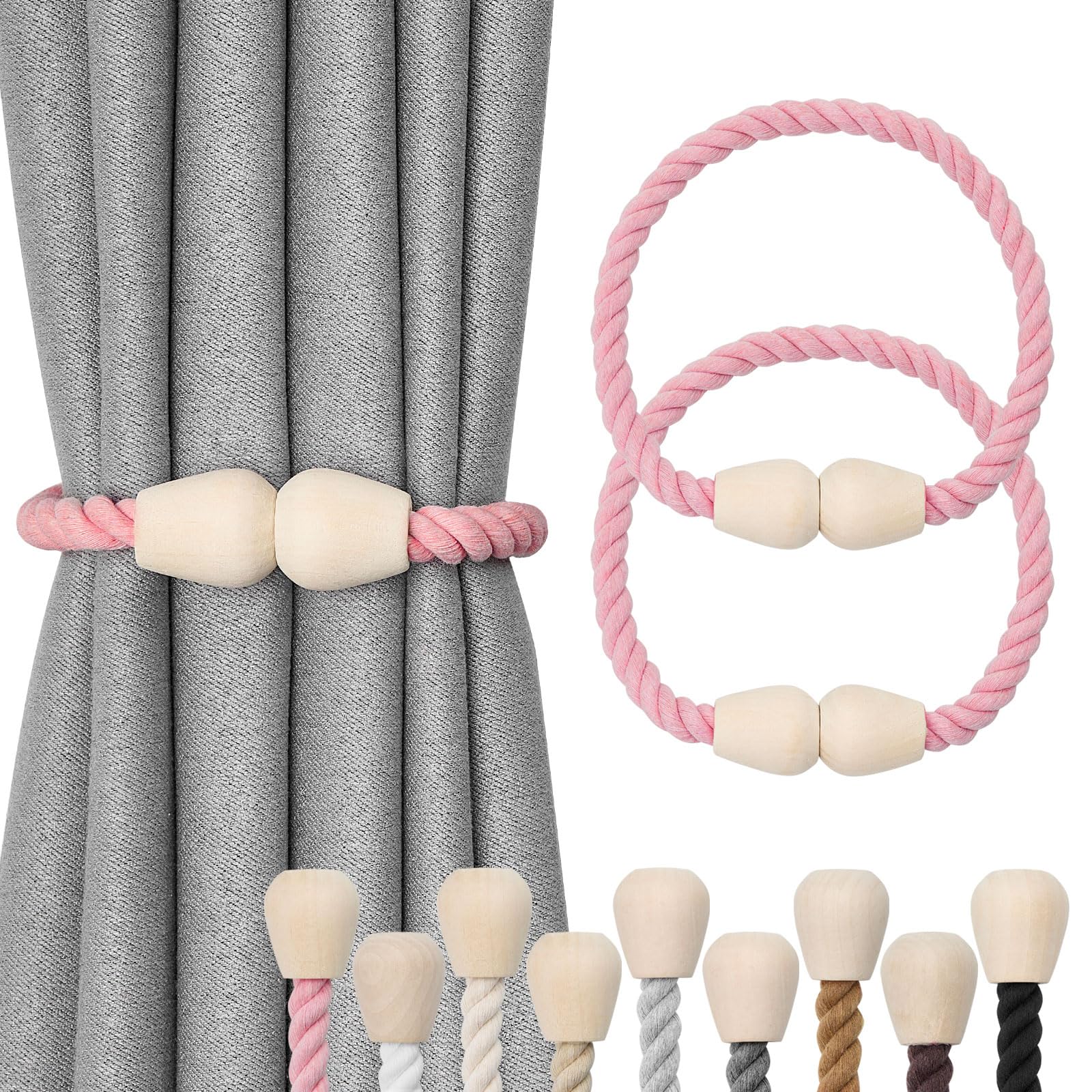 Pretty Jolly 2 Pack Wooden Magnetic Curtain Tiebacks Elegant Boho Home Decoration Drape Tie Backs Natural Cotton Handmade Rope Curtain Holdbacks for Home & Office Window Drapery (Pink)