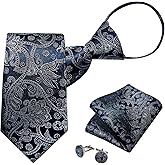 DiBanGu Mens Adjustable Zipper Ties, Woven Paisley Striped Plaid Necktie and Pocket Square Cufflinks Set Pre-tied Wedding Tie