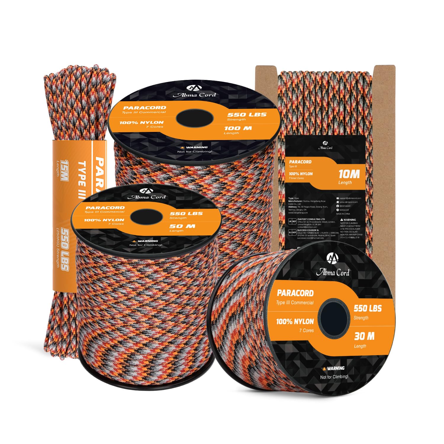 Abma Cord Paracord 550 4mm 15m 100% Nylon Rope Type III 7 Strands Parachute Cord for DIY, Camping, Survival, Outdoor - Max. 250kg - Summer Sunrise (Lava)