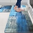 MAYHMYO Anti Fatigue Kitchen Mat - Set of 2 - Teal and Marble Design Comfort Mats - Cushioned, Non Slip Floor Mat