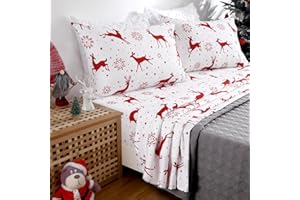 JoanKaren Christmas King Bed Sheets Set, Soft Brushed Microfiber, 16 Inch Deep Pocket Fitted Sheet, Holiday Red Reindeer Prin