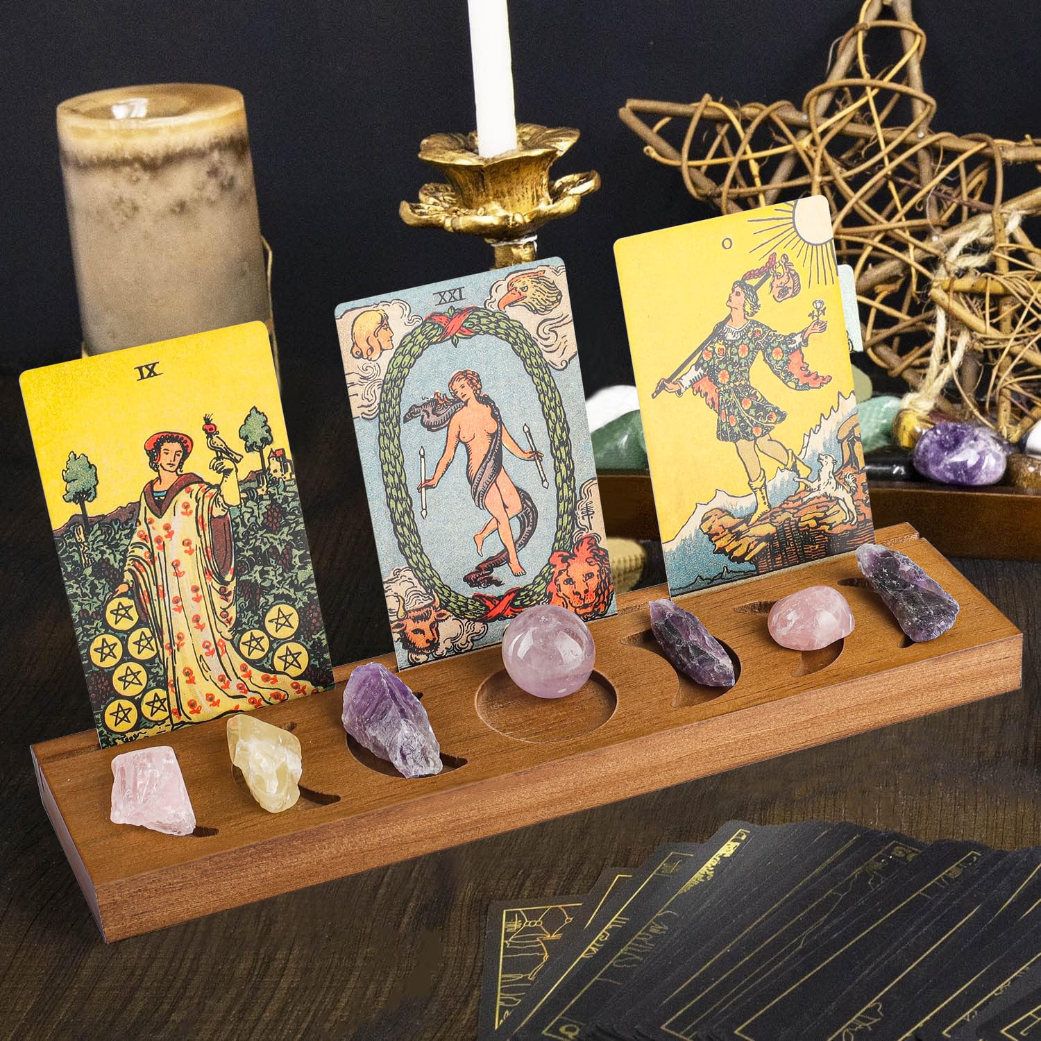 Ceiner Wooden Tarot Card Holder with Moon Phase, Witchy Stand for Oracle Lenormand Meditation, Display Daily Affirmation Cards Tarot Reading Accessories Pagan Altar Wiccan Decoration Gift Supplies