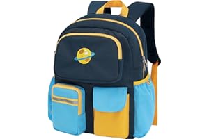 BrainyBees Kids Backpack Boys - 15 Inch Preschool Kindergarten Bookbag for Children 3 to 8, Lightweight School Bags for Elementary 1st 2nd Grade Kids Travel Backpack with Chest Strap, Dark Blue Planet