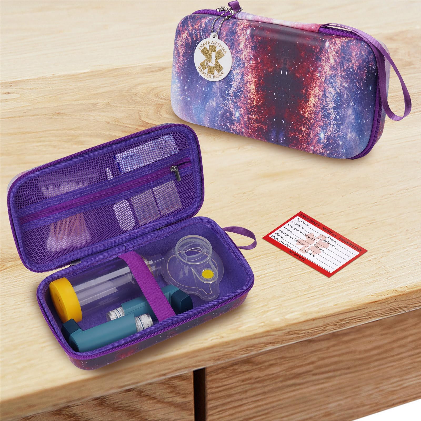 MGZNMTY Travel Carrying Case Compatible with Asthma Inhaler Spacer for Adults and Children, Masks, Inhaler Holder with Asthma Alert Tag and Medical Card, Carabiner (Only Case) (Galaxy)