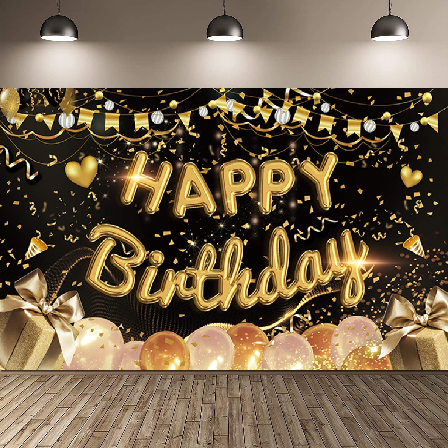 Happy Birthday Banner - Photo Booth Backdrop 70.8 x 43.3 Inch Large Fabric Black & Gold Sign Poster Background for Birthday Party Decorations