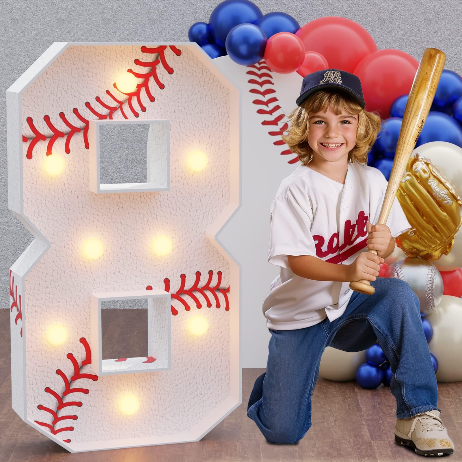 Photo 1 of Marquee Numbers Baseball Birthday Decorations: 3ft Large Party Decor Boy 8th 18th Big Light Up Cardboard Number 8