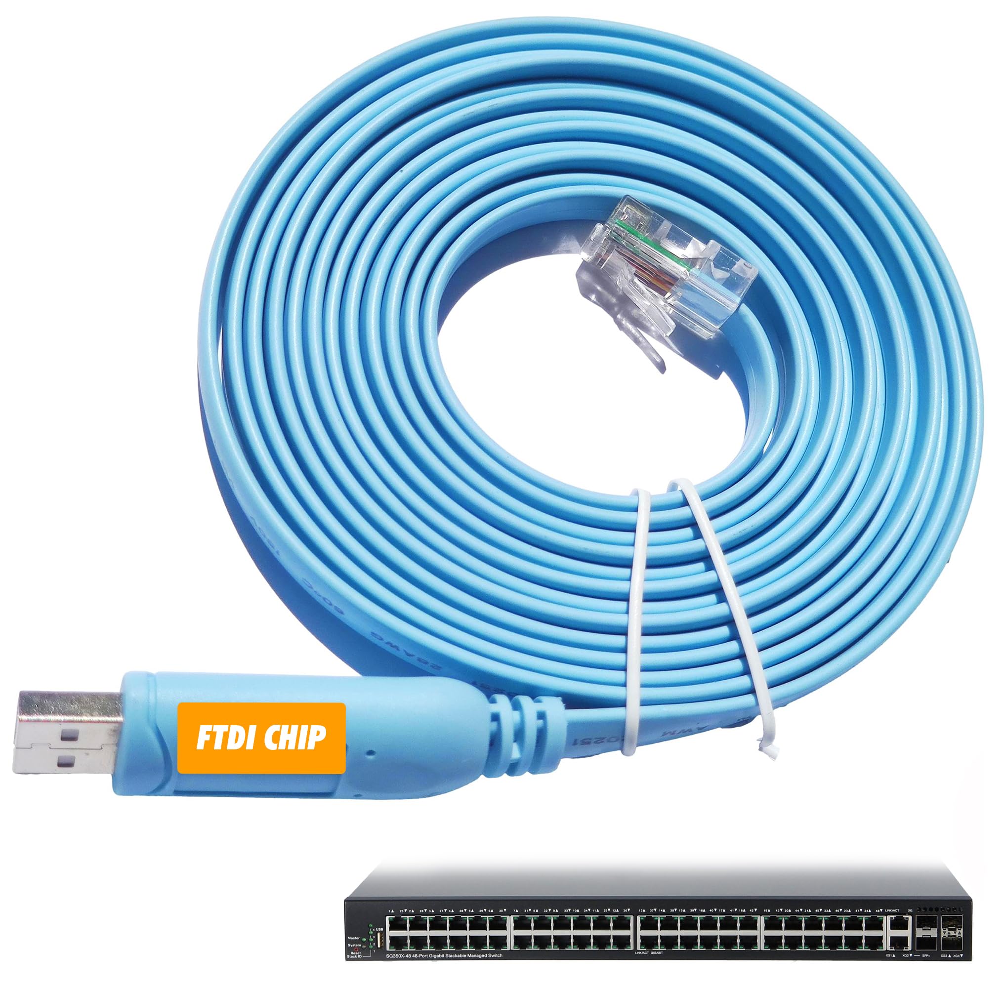 JSM FITNESS Cisco Compatible Console Cable 3M – RJ45 to USB Adapter with FTDI Chipset – Professional Console Cable for Network Configuration – Routers, Switches, Juniper, HP & Fortigate