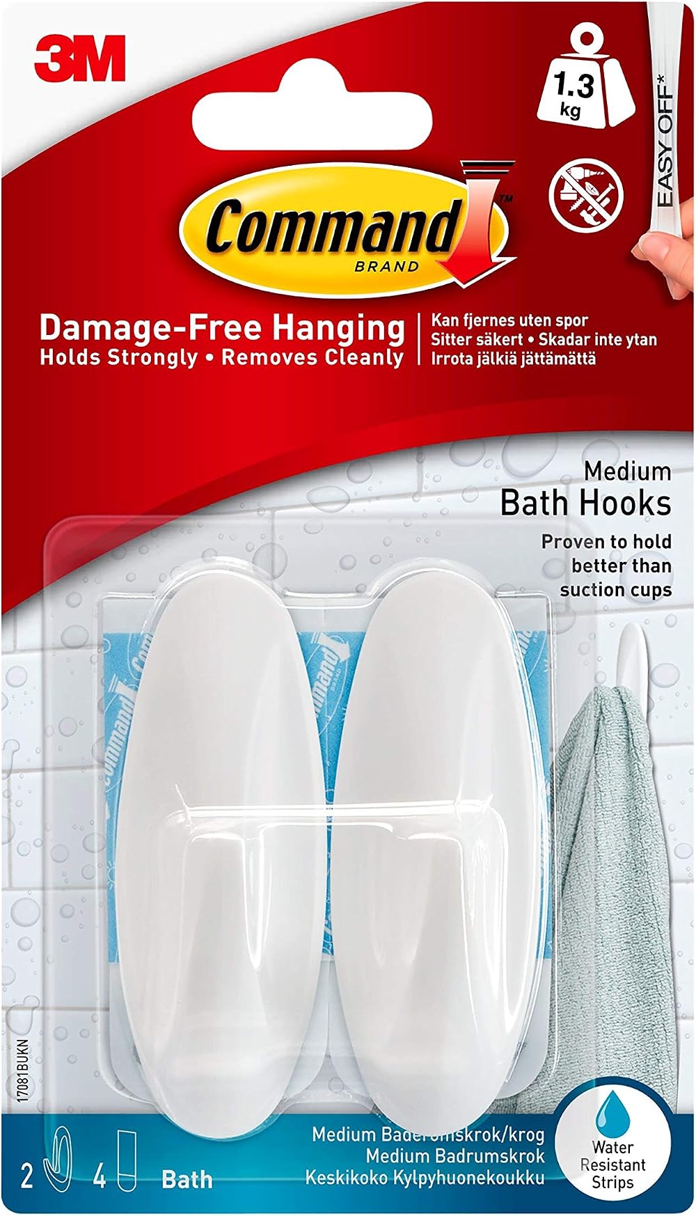 Command Bath Designer Hooks, Water Resistant - 2 Medium Hooks, White