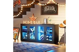 BROTTAR Wine Bar Cabinet with LED Light, 65" Sideboard Buffet Cabinet with Storage, Modern Home Coffee Bar Cabinet with Smart Human Sensor for Kitchen Dining Room Living Room, Black