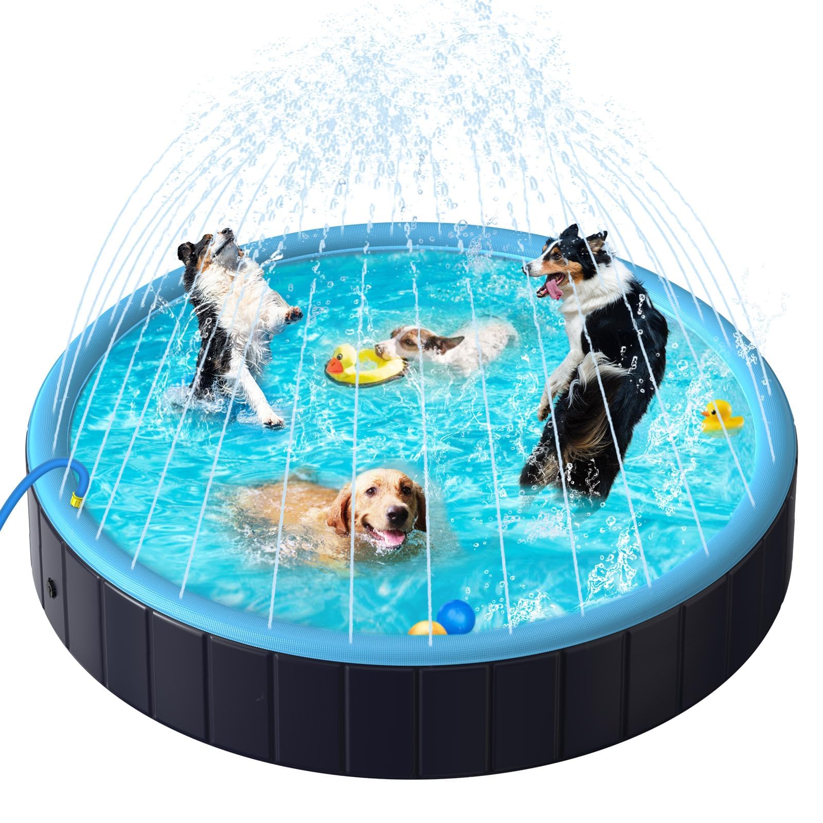 Photo 1 of Rywell Dog Pool for Large Dogs, 63" Foldable Pet Wading Pool with Splash Sprinkler, Outdoor Summer Bathtub Heavy Duty for Puppy, Doggie, Duck -Blue -63 x 12 Inches