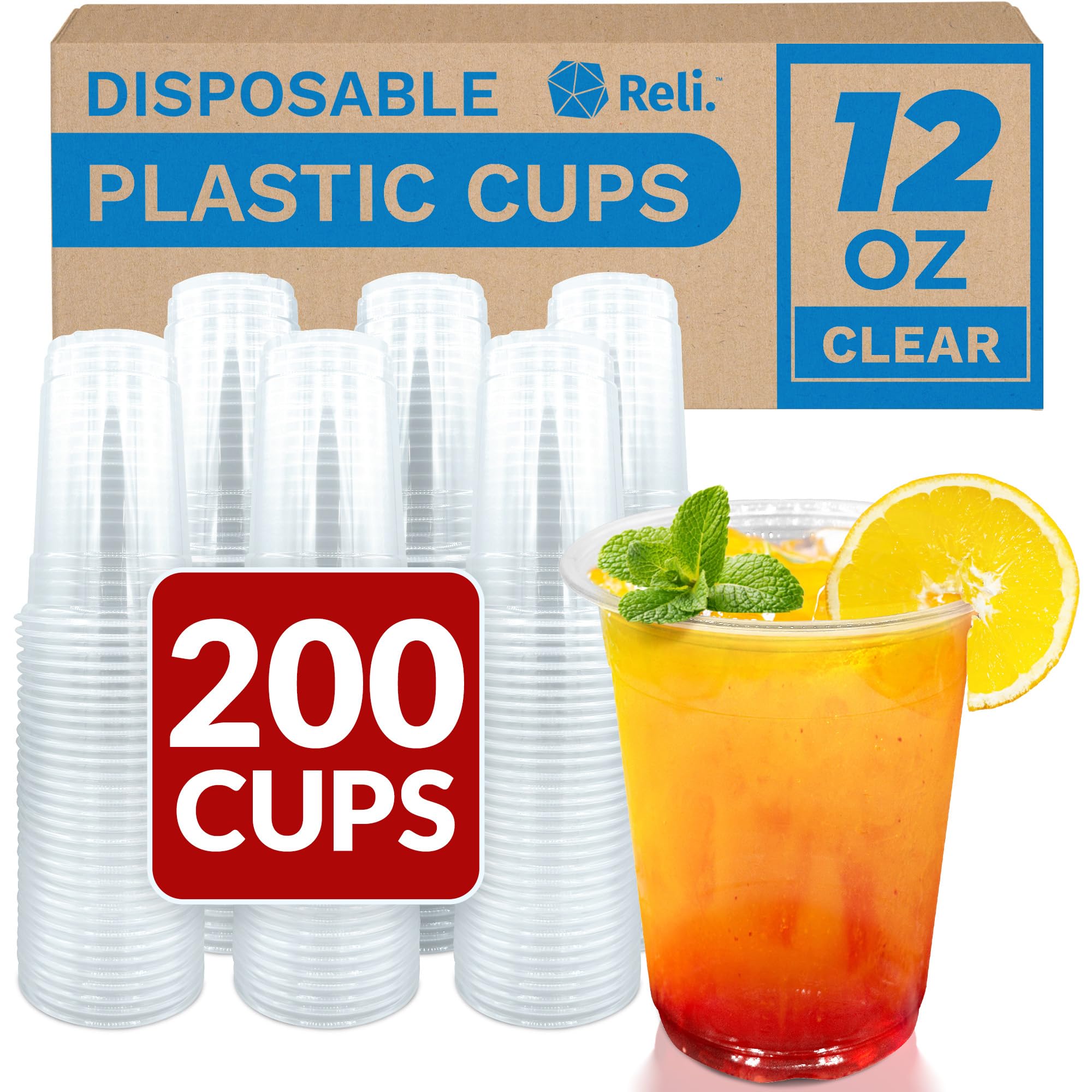 Photo 1 of Reli. Plastic Cups 12 oz (200 Pack) | Clear Plastic Cups Disposable | PET Clear Disposable Bulk | 12 oz PET Containers for Iced Coffee, Smoothies, Cold Drinks, Party