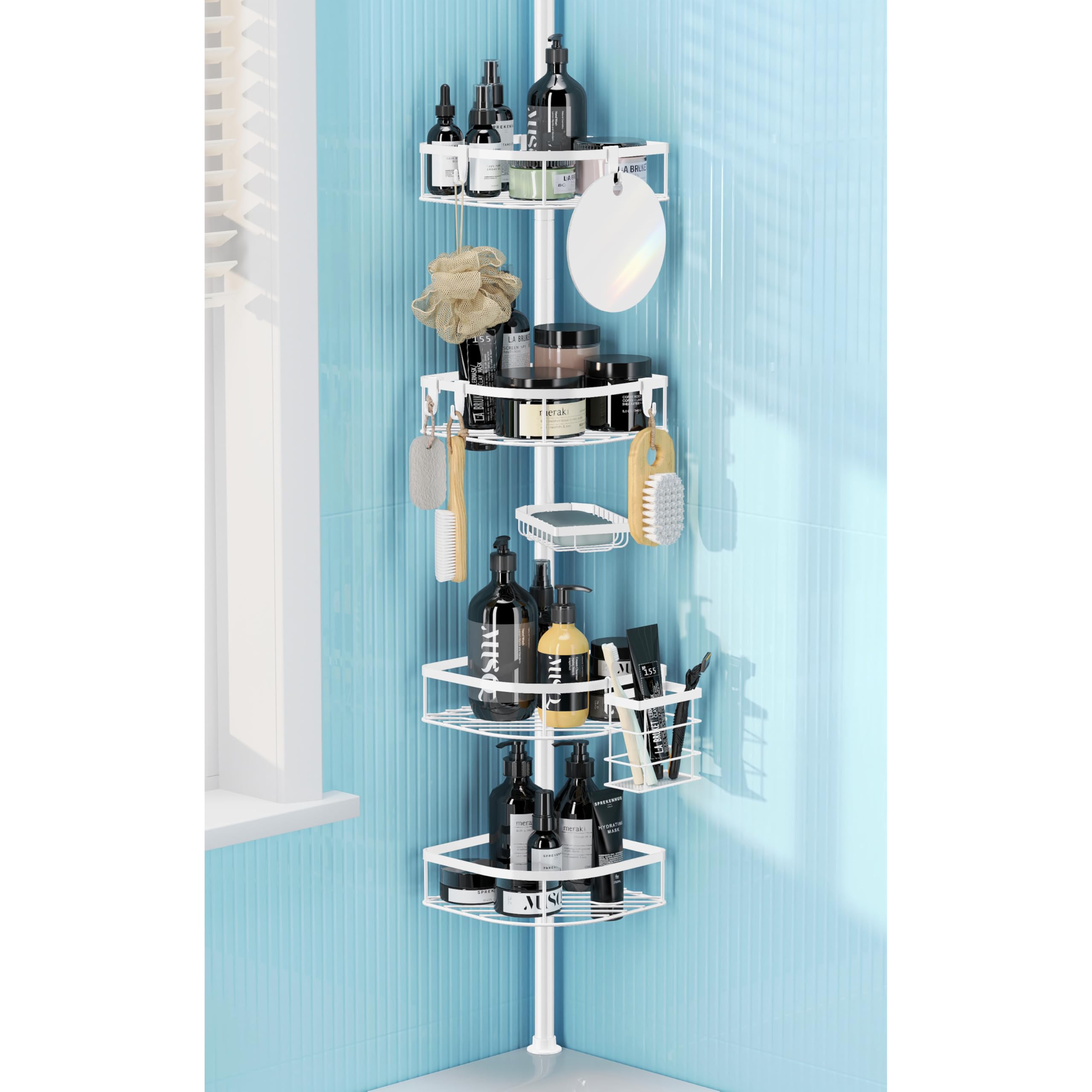 Photo 1 of TIMIANO Shower Caddy Tension Pole, 4-Tier Adjustable Corner Shower Standing Caddy, Rustproof Shower Rack for Bathroom Bathtub, with 4 Shelves, No Drilling Shower Shelf for Inside Shower (White)