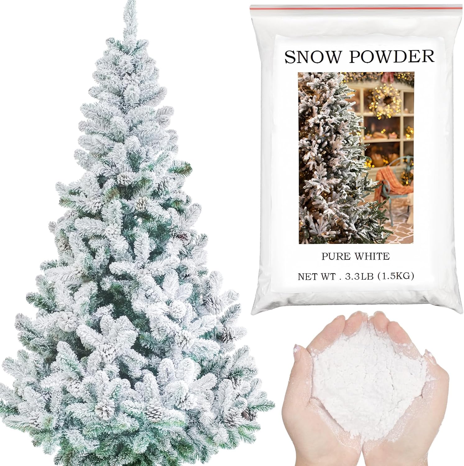 Artificial Snow - Ganeen 3.3 Lb/ 1.5 kg Christmas Self Adhesive Snow Flock Artificial Fake Snow Powder Snow Flocking Instant Snow Decorations Holiday Crafts for Christmas Tree Garlands Village Home