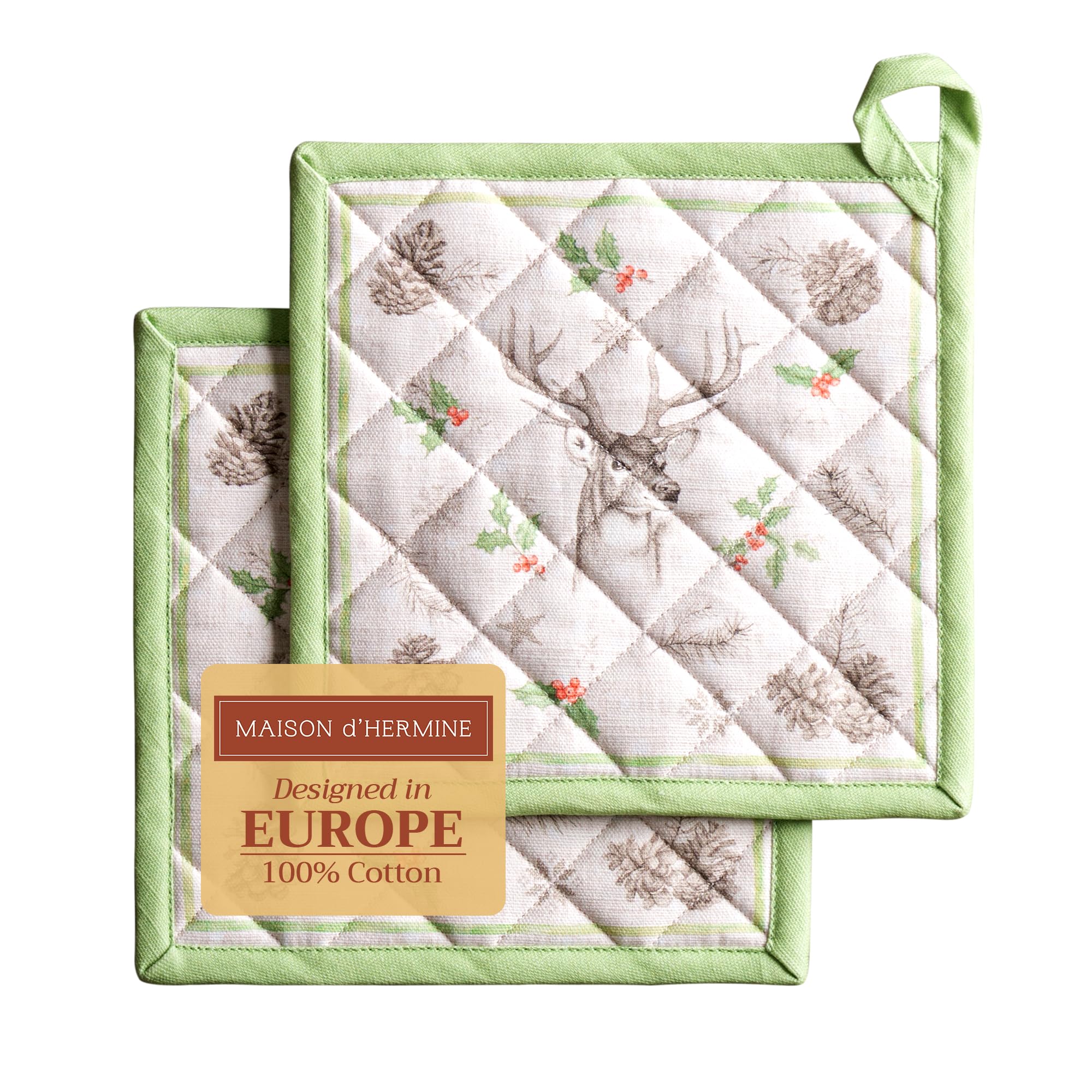 Maison d' Hermine Pot Holders Set 100% Cotton Heat Resistant Potholders 20 cm x 20 cm Hot Pads with Loop for Christmas Decorations BBQ Cooking Baking Handling Hot Pans (Pack of 2, Christmas Dew)