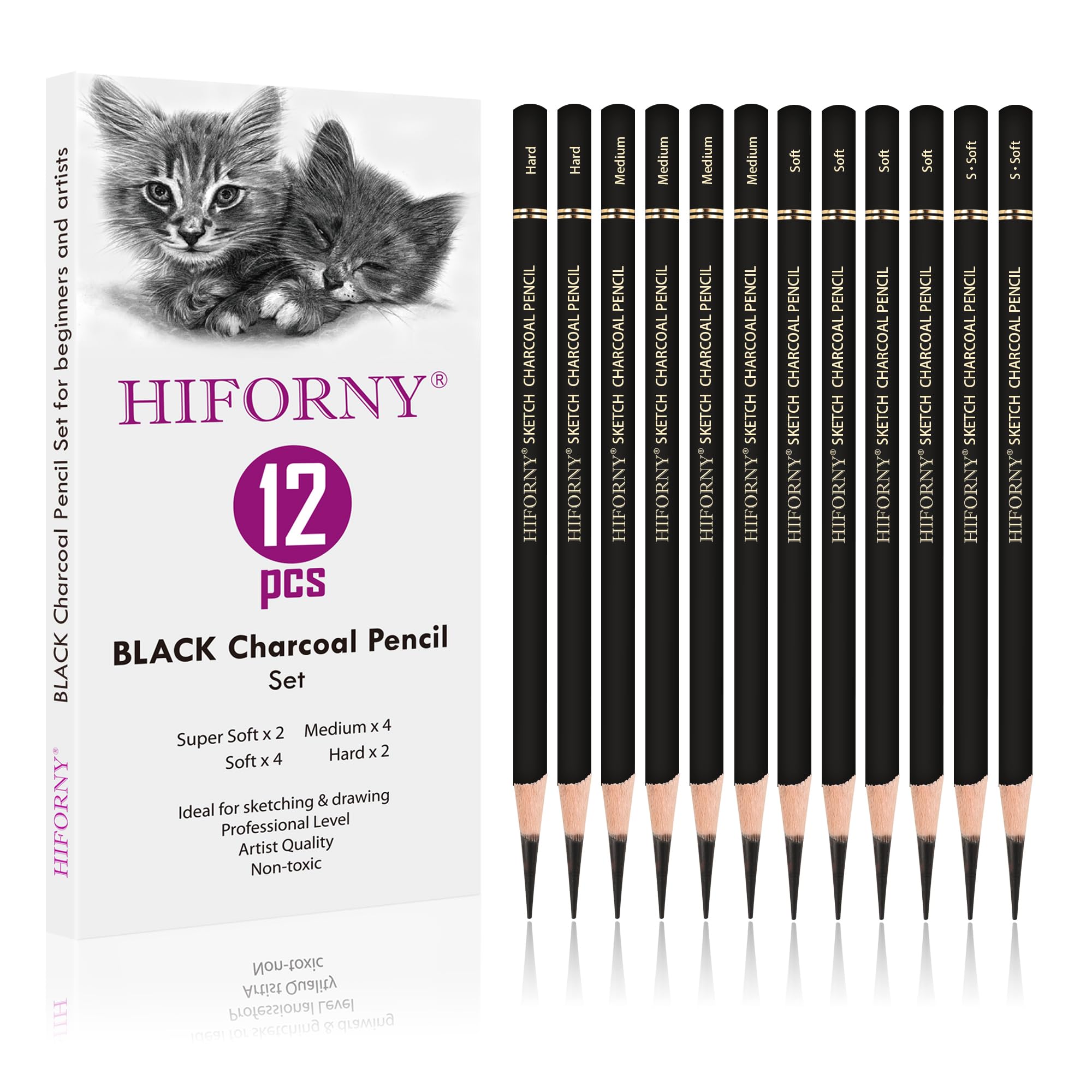 HIFORNY 12 Pieces Charcoal Pencils Drawing Set - Super Soft,Soft,Medium and Hard Charcoal Pencils for Drawing,Sketching,Shading,Blending,Portrait
