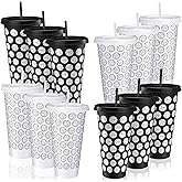 Domensi 12 Pcs Volleyball Party Favor Gift Plastic Cups with Lid and Straw 24oz Reusable Volleyball Plastic Tumbler Cups Gifts for Fan Friend Sport Birthday Party Gifts Supplies(Black and White)