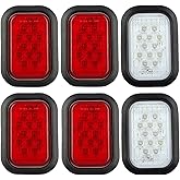 6Pcs 5"x3" Rectangle LED Stop/Turn/Tail/Brake and Backup Reverse Lights | 3"x5" Rectangular Truck Trailer Tail Hitch Flatbed Lights 12LED w/Grommets and 3 Prong Wire Pigtails Plug Kit IP67 Waterproof