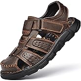 Feichi Men's Sport Sandals Closed Toe Outdoor Handmade Leather Sandal Adjustable Summer Fisherman Beach Shoes