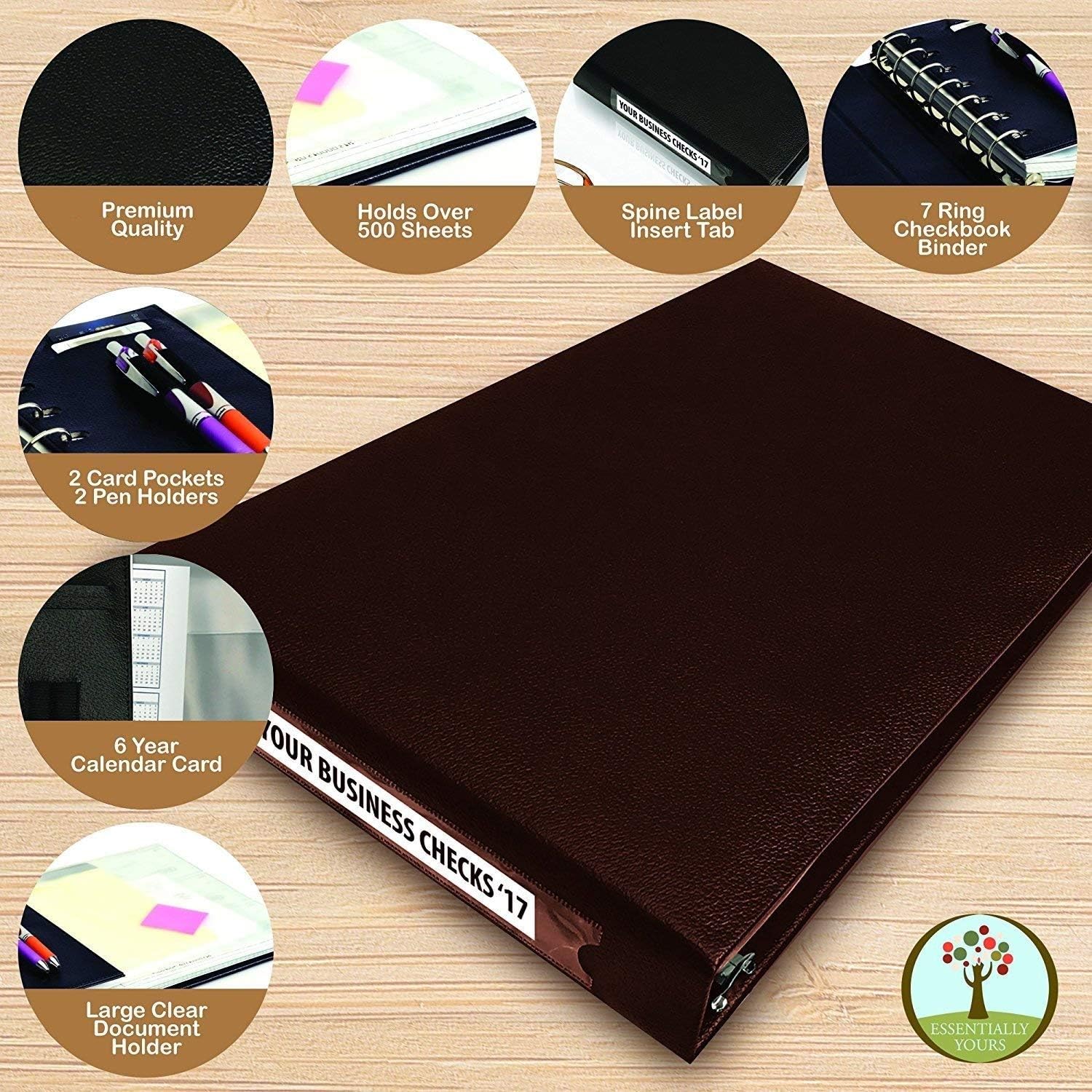 Premium 7 Ring Business Check Binder for 3 on a Page Checks - Large Storage Pouch, Calendar, and Pen Included, | 600 Check / 200 (9" x 13") Sheet Capacity, Black : Office Products