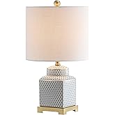 JONATHAN Y 21.5" White and Navy Blue Ceramic Ginger Jar LED Table Lamp, Modern Chinoiserie Fishnet Pattern with White Linen S