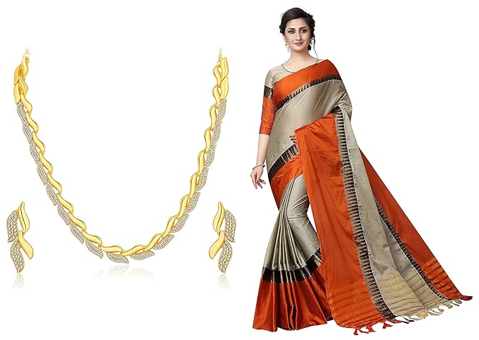 PerfectBlue Womens Cotton Silk  Saree with Blouse Piece (TempleVariation_BeigeFanta_Free)