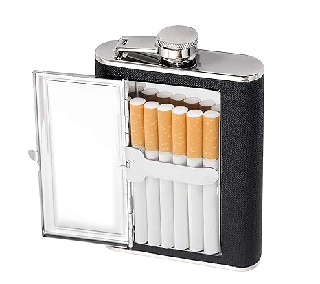 DAHSHA Portable Pocket Sized Stainless Steel Hip Flask 6 Oz (175 ml) with Cigarette Case and Funnel - Leak Proof Drinking Flask for Liquor and Smokes