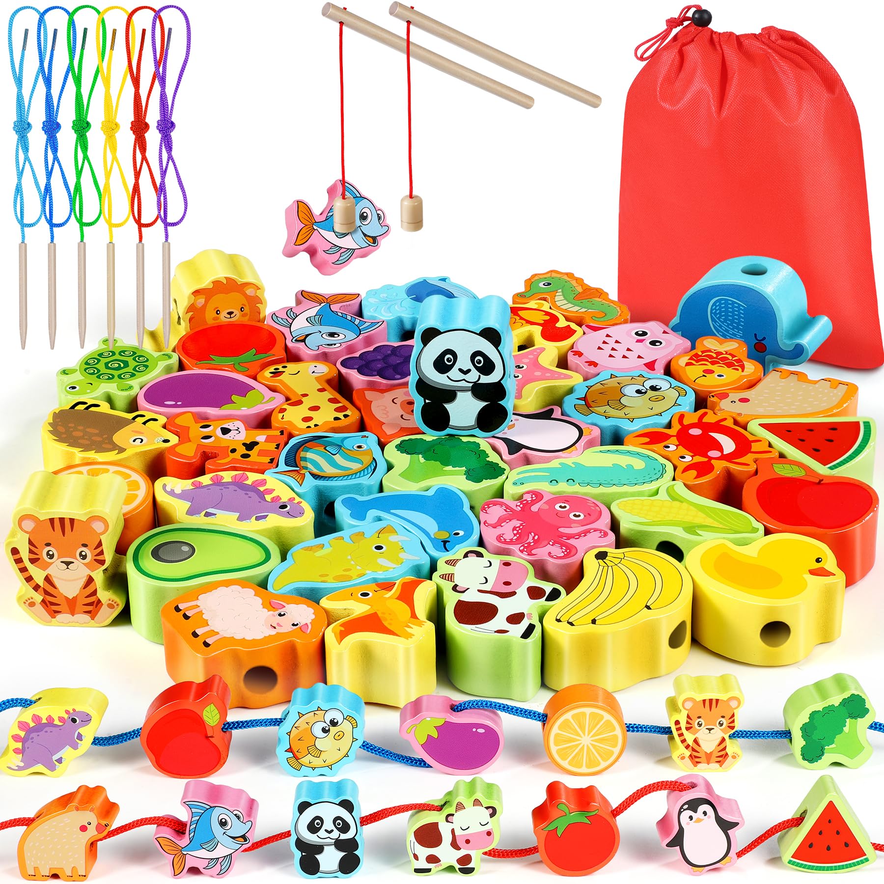 Jojoin 46 PCS Wooden Fishing Game Toy - Magnetic Fishing Game For Toddlers - Montessori Toys for 2 3 Year Old Boys Girls - Wooden Threading Toy - Preschool Educational Gifts for 3 4 Year Olds