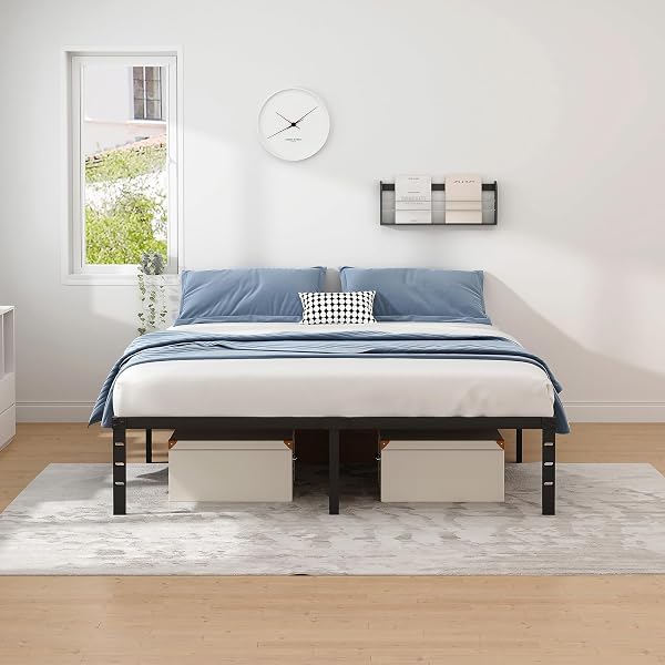 NEW JETO METAL BED FRAME,QUEEN SIZE BED FRAME WITH STORAGE SPACE,HEAVY DUTY STURDY MATTRESS FOUNDATION,EASY ASSEMBLY,NO BOX SPRING NEEDED, BLACK,14 INCH,QUEEN