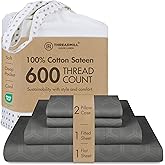 Threadmill 100% Cotton Sheets for King Size Bed - 600 Thread Count King Bed Sheets Set with 16” Deep Pocket - Jacquard Sateen Weave 4-Piece Bedding Set with Cooling Effect, Dark Grey