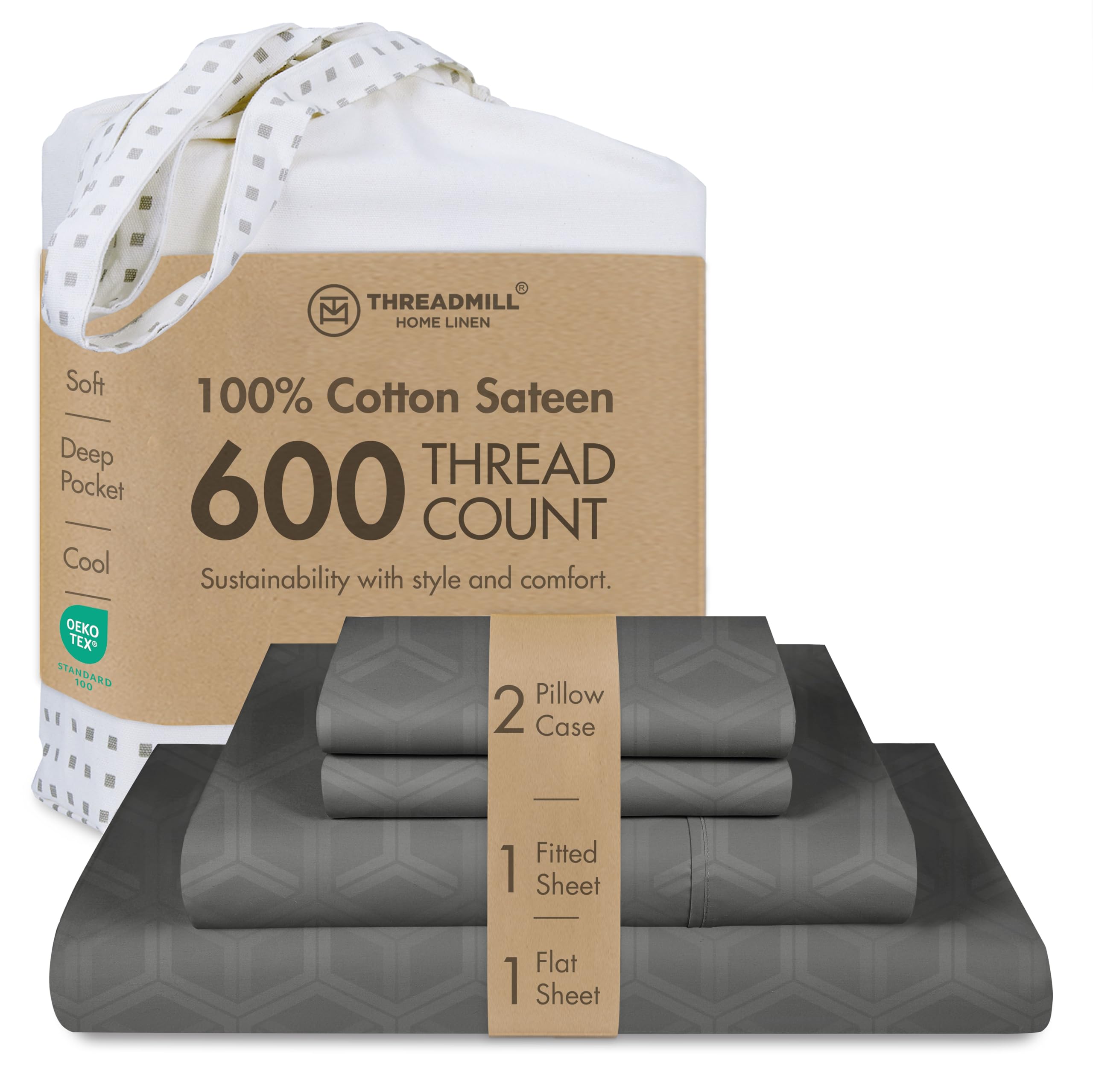 Threadmill 100% Cotton Sheets for Queen Size Bed - 600 Thread Count Queen Bed Sheets Set with 16” Deep Pocket - Jacquard Sateen Weave 4-Piece Bedding Set with Cooling Effect, Dark Grey