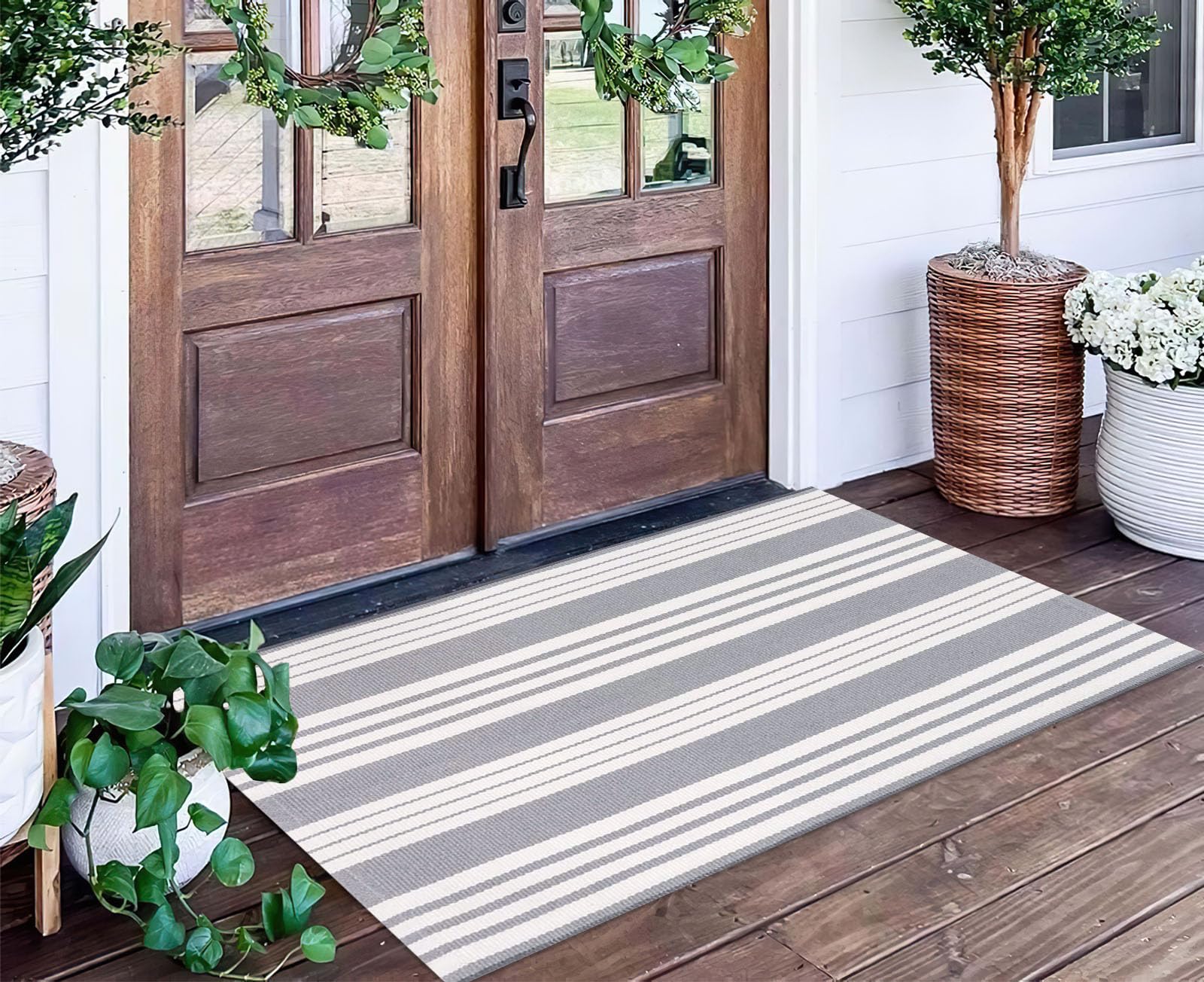 Grey and White Striped Rug 24'' x 51''Outdoor Front Porch Rug Hand