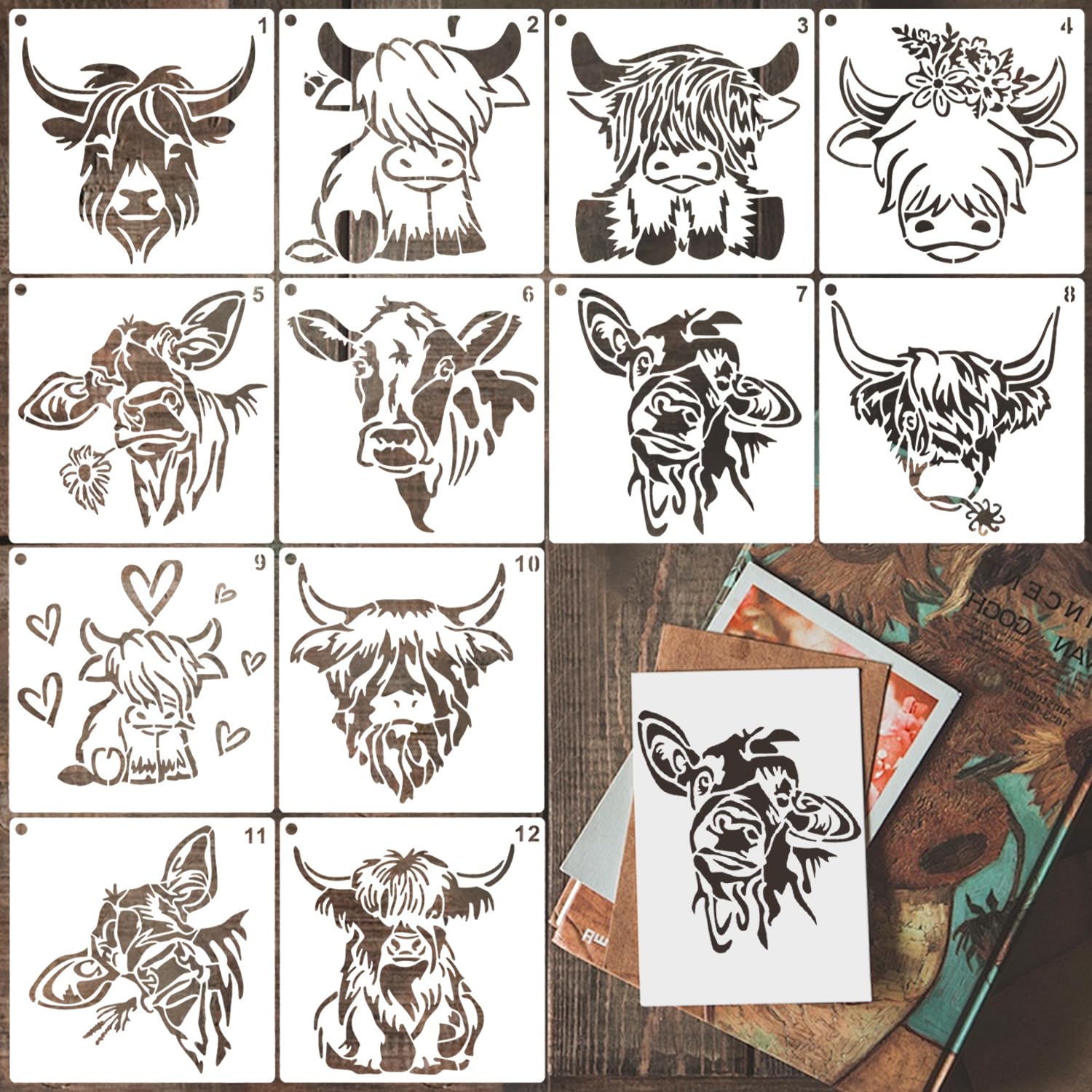 REEKNOKOL Highland Cow Stencils, 12 Pcs Stencils for Crafts Reusable Highland Cattle Stencil for Painting Natural Cow Stencil for Painting DIY Art Crafts Scrapbook Wall Décor