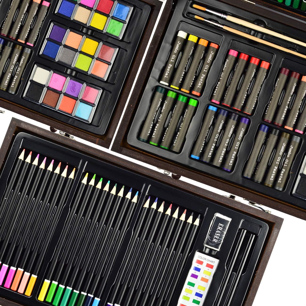 Sunnyglade 145 Piece Deluxe Art Set, Wooden Art Box & Drawing Kit with Crayons, Oil Pastels, Colored Pencils, Watercolor Cakes, Sketch Pencils, Paint Brush, Sharpener, Eraser, Color Chart