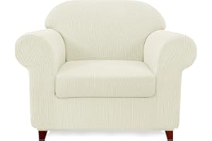 subrtex Stretch Chair Covers 2 Piece 1 Seater Armchair Couch Sofa Cover Washable Furniture Protector with Elastic Bottom for Kids, Pets(Ivory,Armchair)