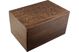 Indian Glance Wooden Urn Box - Human Funeral Cremation Urn with Hand Carved Design (9" x 6.5" x 4.5" Urn Holds: 185 cu. in.)